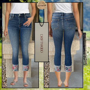 Driftwood Colette Stretch Denim Embroidered Floral Cuff Crop Jeans 24Wx 26Inseam